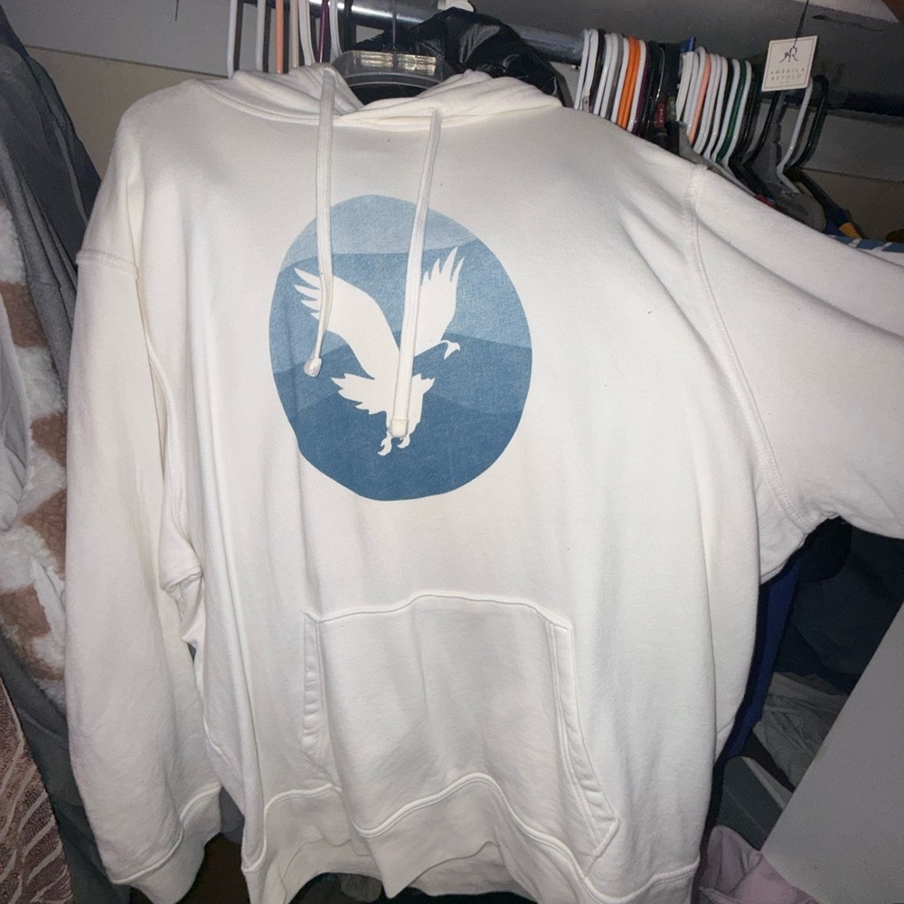 American Eagle Outfitters White Hoodie with Blue Eagle Graphic